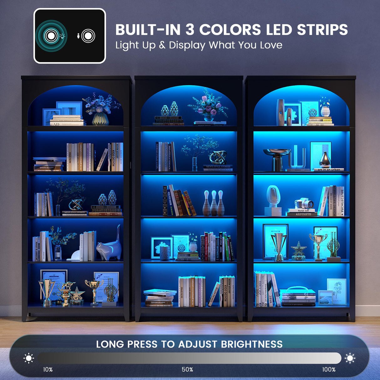 jajov 2pc Bookshelf with LED Light, 70“ Tall Bookshelves and Bookcases Floor Standing, 5 Tier Book Shelf Wooden Bookcase Multipurpose Bookshelf for Home Office, Living Room -Black jajov