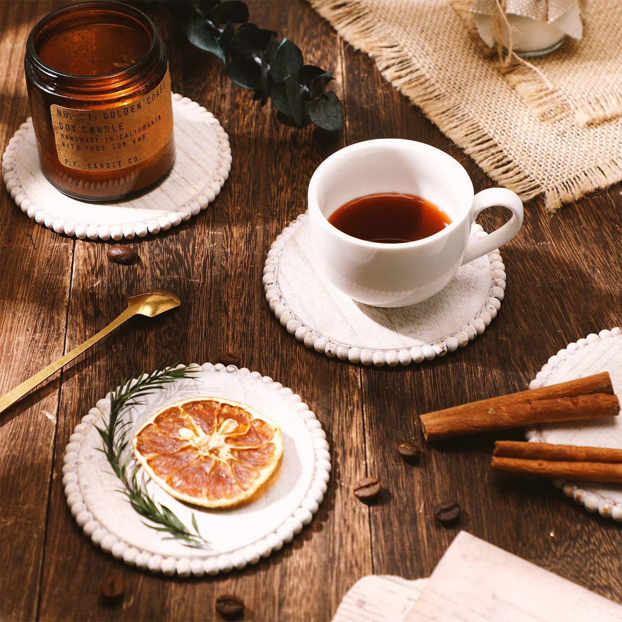 4 Pieces Wood Beaded Coasters 3.9 Inch Round Rustic Farmhouse Coasters Wooden Coasters for Drinks Decorative Table Top Coasters Wood Bar Coaster Set for Housewarming Home Kitchen (Beige) Honeydak