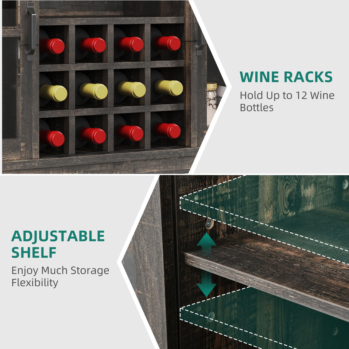 DWVO Farmhouse Coffee Bar Cabinet,53” Kitchen Sideboard Buffet Cabinet with Storage, 3 Drawers & Sliding Barn Door, Storage Cabinet with Glass Door for Kitchen & Living Room, Dark Rustic Oak DWVO