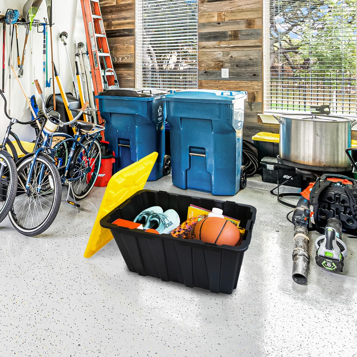 Lifetime Home 8 PACK of Medium 12 Gallon Plastic Storage Bin Tote Organizing Container with Ultra Durable Secure Latching Lids, Stackable, Extra Strength Clear with Built in Handle - Black and Yellow Lifetime Home