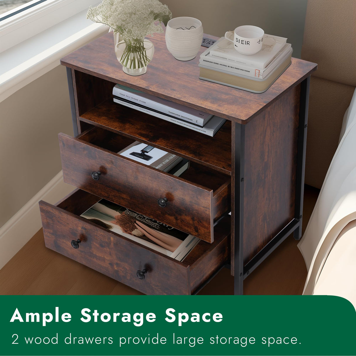 Tykacna 27 Inch Wide Night Stand, Wooden Night Stand with 2 Drawers, LED Nightstands with Charging Station and Adjustable Drawer for Living Room/Bedroom/Study/Office Nightstand, Retro Brown. Tykacna