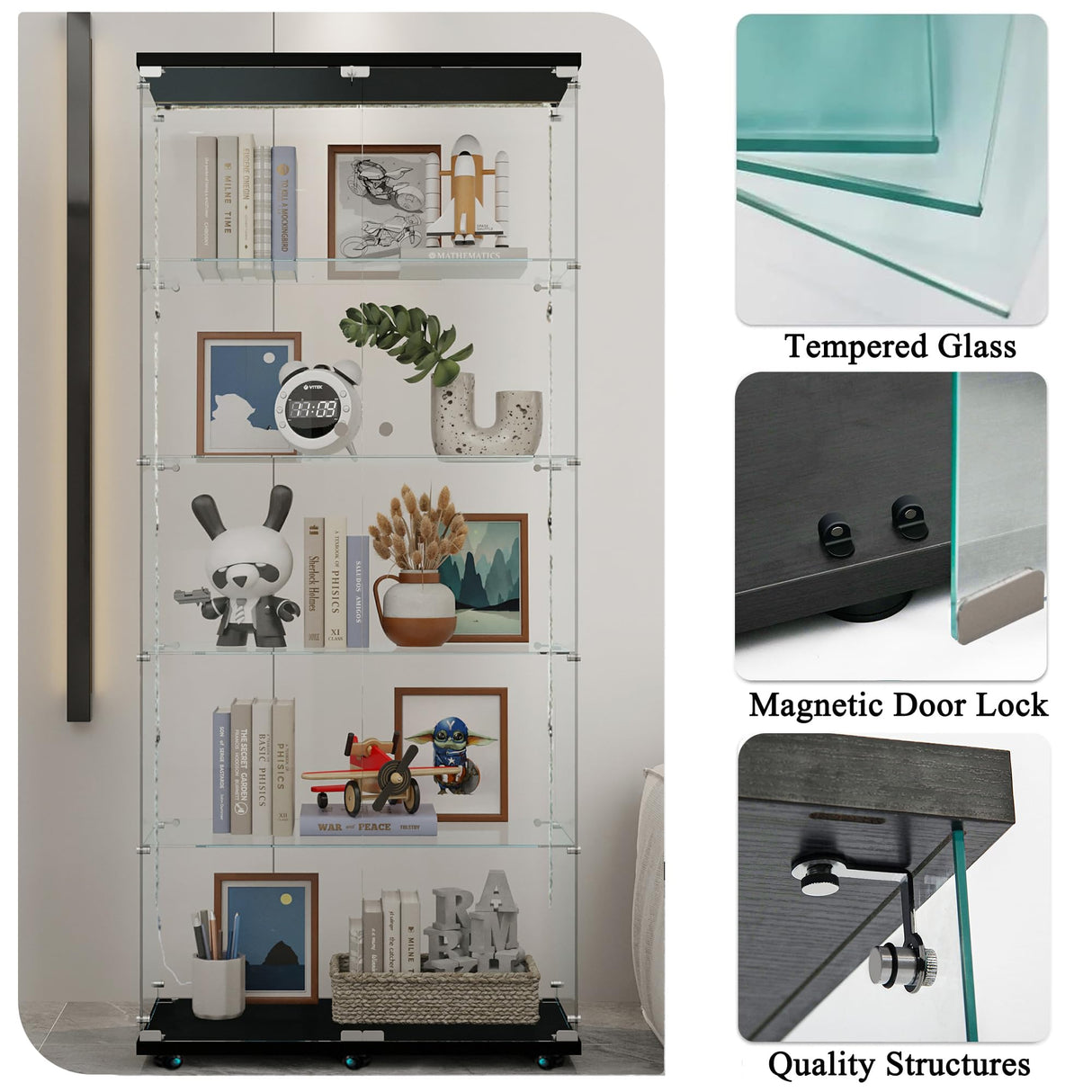 lunhung 5-Shelf Glass Display Cabinet with LED Lights & Lock, 76" H Tempered Glass Wine Cabinet w/ 2 Doors& Wheels, Floor Standing Bookshelf Curio Case for Living Room,Hallway (Black) lunhung