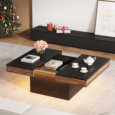 VANOMi 35-inch Square Coffee Table with LED Light, Modern LED Centre Table with Storage, Wood Coffee Table for Living Room,Large Cocktail Table for Living Room