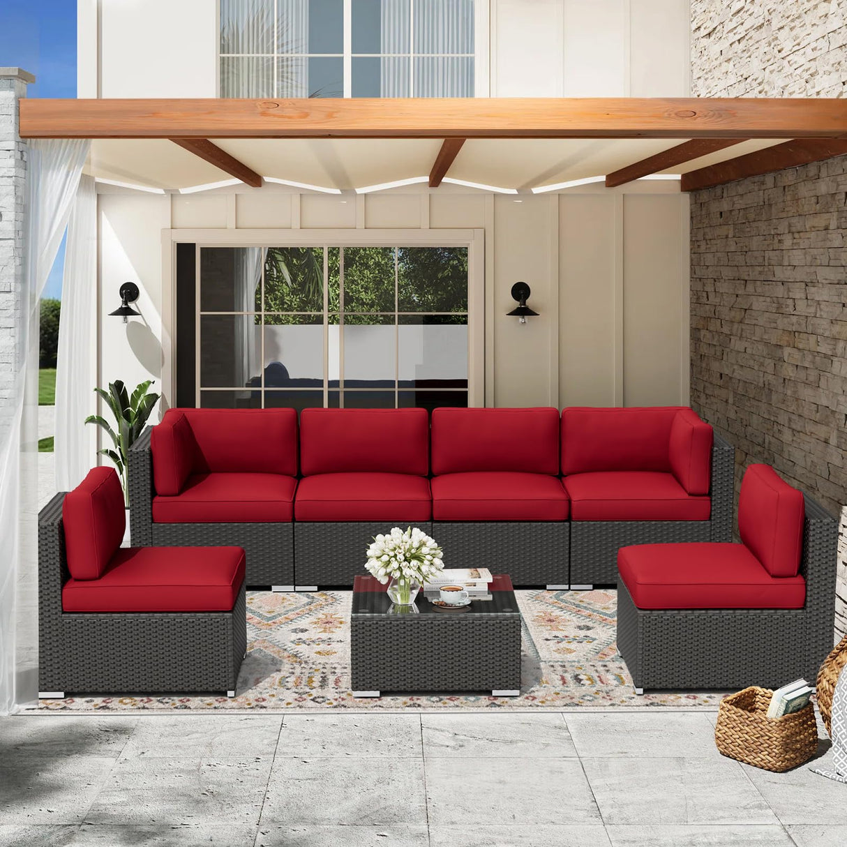 Oakcloud 7-Piece Outdoor Patio Furniture Sofa Set Black Rattan Wicker Sectional Conversation Sets with Glass Top Table and Cushions(Red) Oakcloud