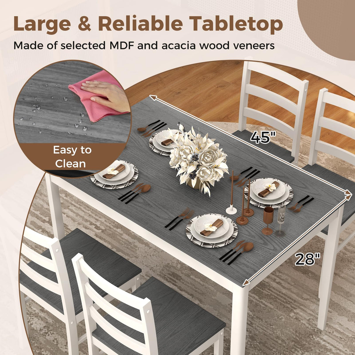 COSTWAY Dining Table Set for 4, Wood Kitchen Table Chairs Set with Rubber Wood Legs, Space-Saving Design, Modern 5-Piece Dinette Set for Small Place, Kitchen, Dining Room, Restaurant (Grey) COSTWAY