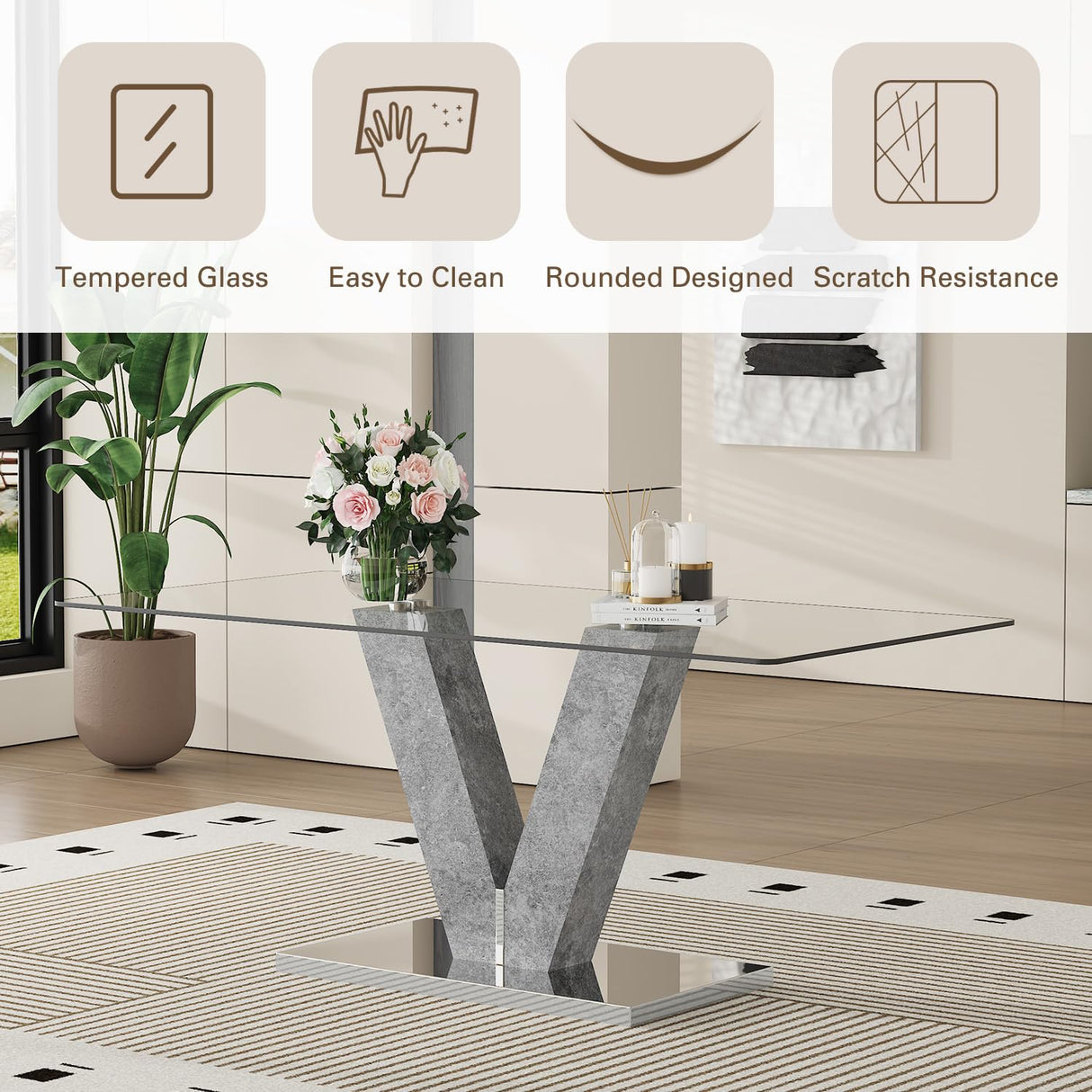 Rejeke 71" Glass Dining Table Set for 6, 7-Piece Dining Table Set with Chairs & Rounded-Corner Tempered GlassTabletop, Glass Kitchen Tables and Chairs Sets for 6 Ideal for Kitchen Dining Room Rejeke