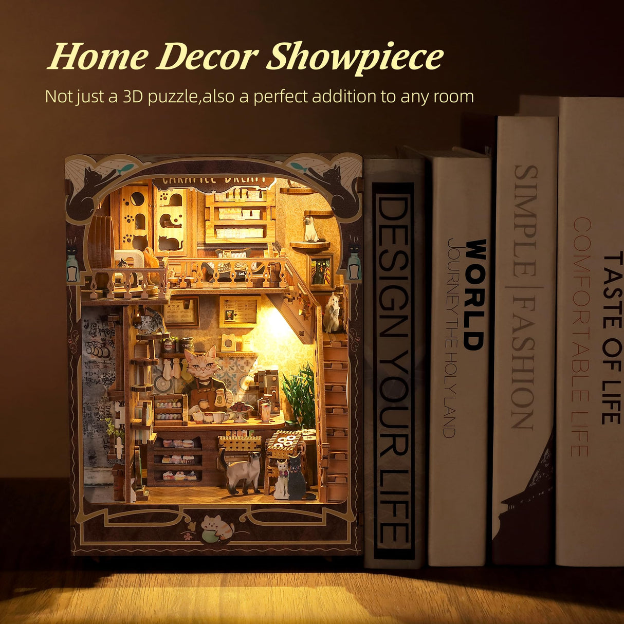 FUNPOLA 3D Wood Puzzle Book Nook Kit, Caramel Dream Cat Café Bookshelf Insert with LED Lights, DIY Miniature Bookend Décor for Display, Cozy Craft Gift for Cat Lovers and Teens (Caramel Dream) FUNPOLA
