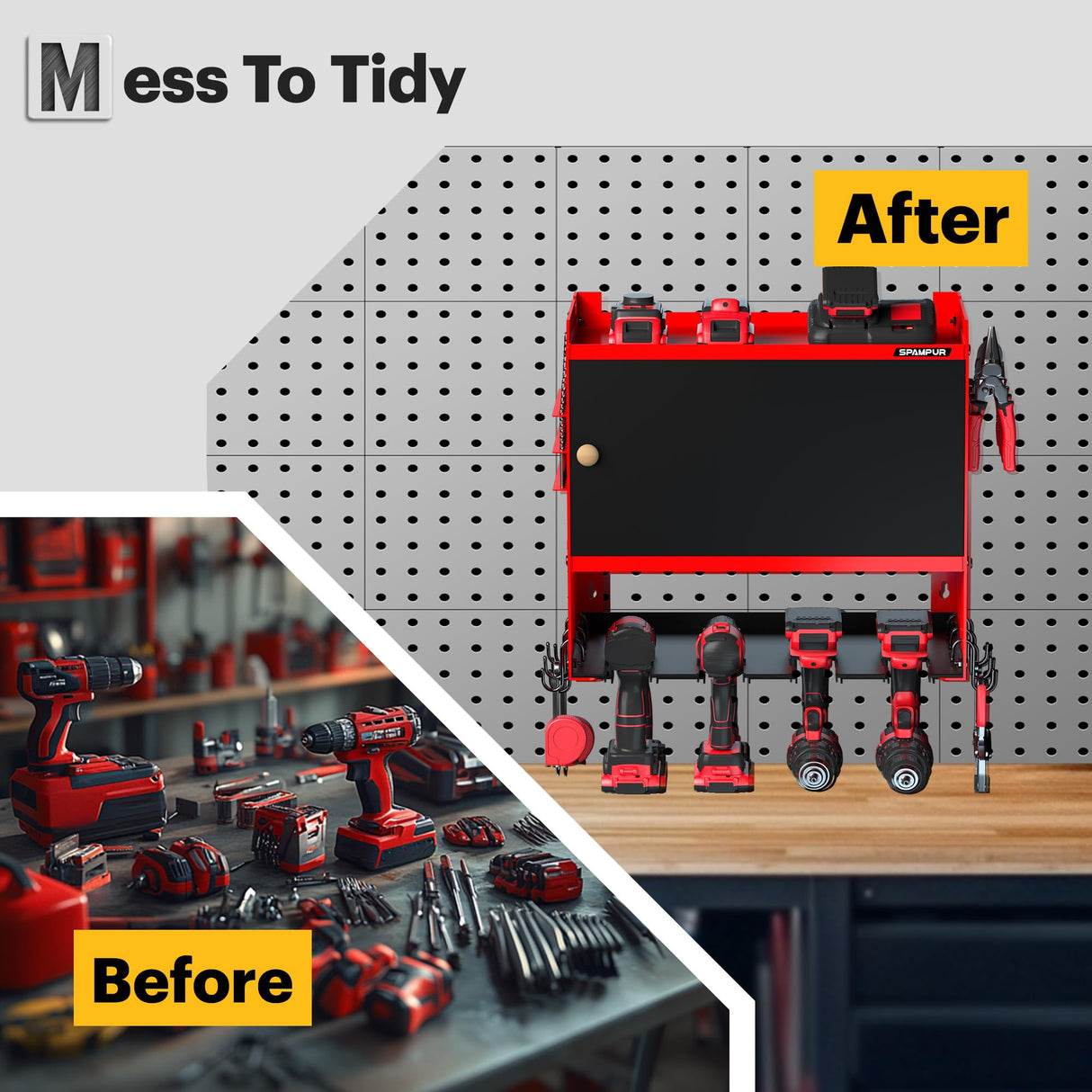 Spampur Toolbox Wall-Mounted Tool Cabinet Organizer,150LBS Weight Capacity for Power Tools, 30-Tool Garage/Studio Storage System, 15-Min Quick Assembly with Metal Frame, Father Day Gift for Men Spampur