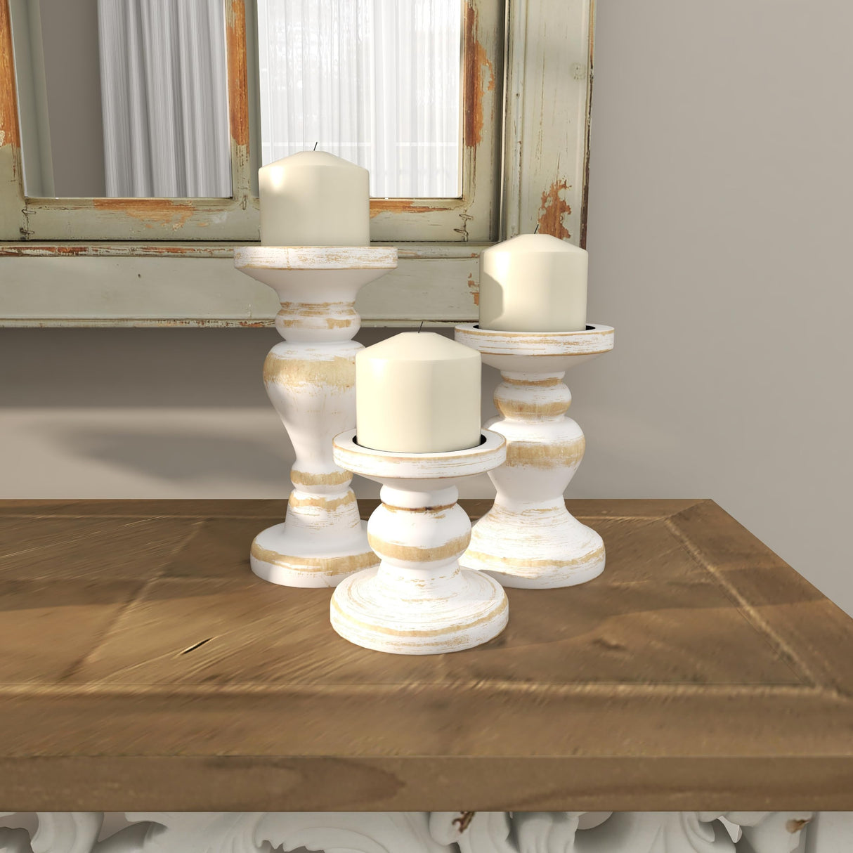 Deco 79 Wood Decorative Candle Holder Turned Style Candle Stand, Set of 3 Candlestick Holder 8", 6", 4"H, White Deco 79