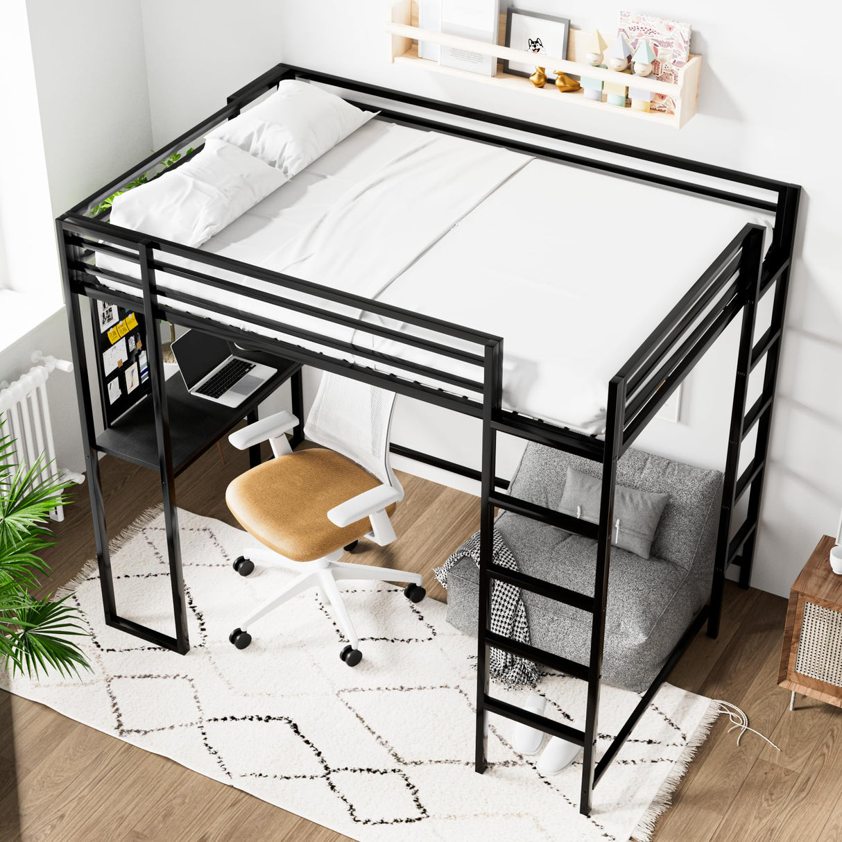 JINS&VICO Twin Size Loft Bed with Desk and Shelves, Metal Loft Bed Frame with 2 Built-in Ladders, Guardrail, Loft Bed for Juniors, Adults, Noise-Free & No Box Spring Needed, Black JINS&VICO
