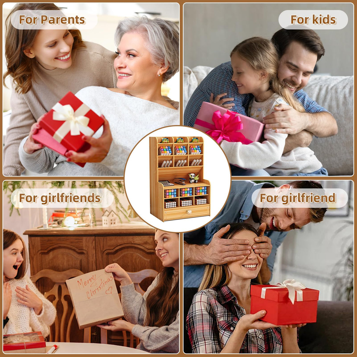 Marbrasse Wooden Desk Stationary Organizer, Multi-Functional Pen Holder, Storage Rack for School Home Office Art Supplie (B16-Cherry Color) Marbrasse