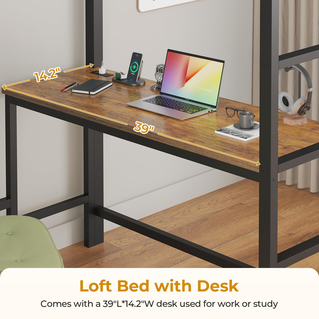 ADORNEVE Twin Size Loft Bed with Desk and 8 Storage Drawers, Metal Kids Loft Bed Twin with LED Lights & Charging Sation, Storage Shelves, 13.1" H Safety Guard & Ladder, Rustic Brown ADORNEVE