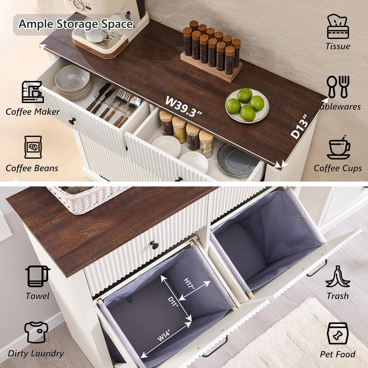 IFGET Modern Double Tilt-Out Trash Cabinet, 20 Gallon Fluted Laundry Hamper Cabinet with 2 Drawers, Wooden Hidden Garbage Can Cabinet with Storage Basket,Free Standing for Kitchen & Living Room, White IFGET