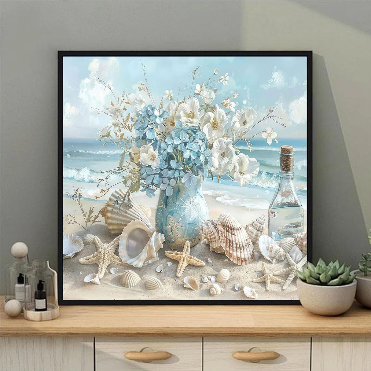 xcemhil Flower Paint by Numbers for Adults with Frame, Paint by Numbers Kit for Adults Beach, Framed Paint by Numbers Kit on Canvas for Gift Home Wall Decor 10x10 Inch xcemhil