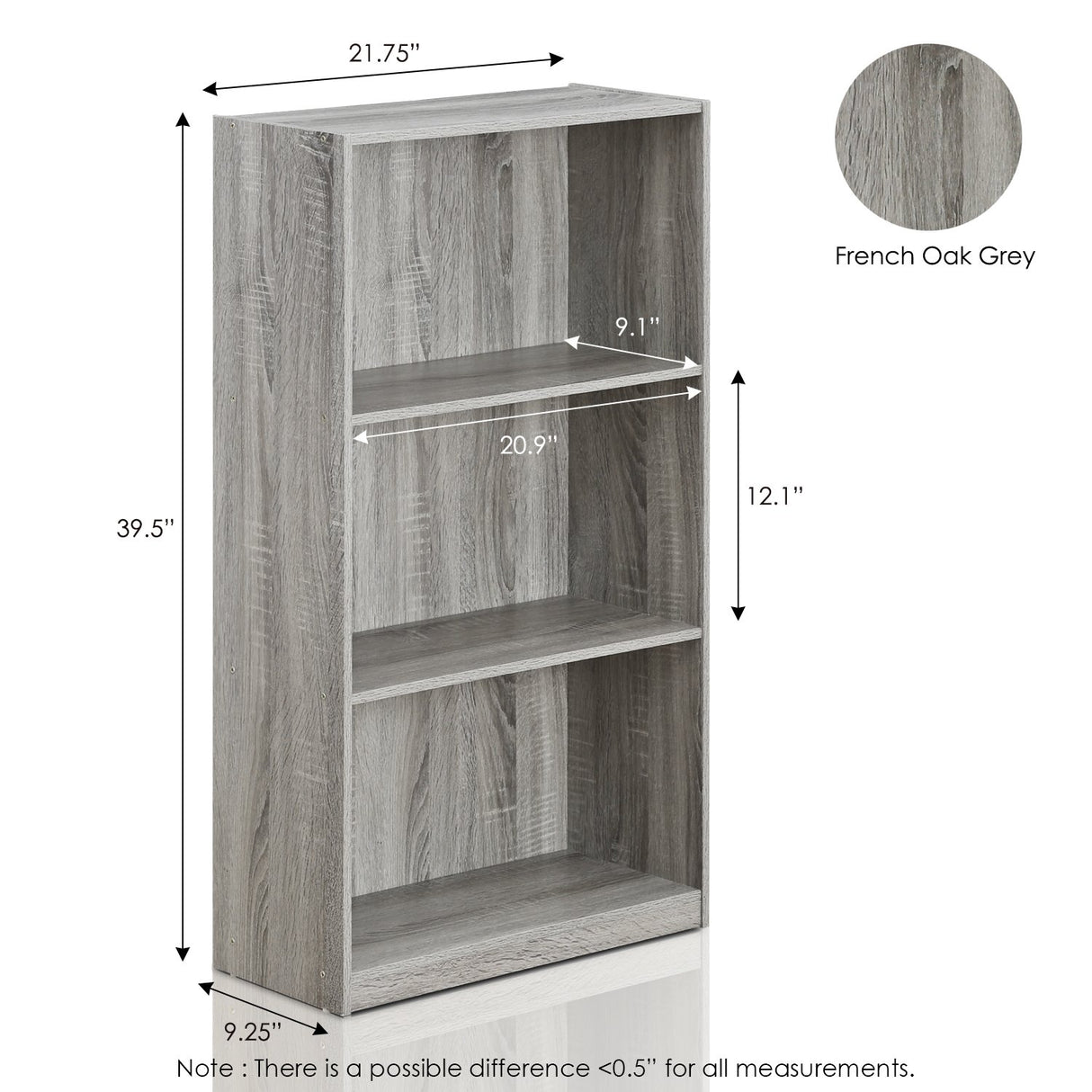 Furinno Basic 3-Tier Bookcase Storage Shelves, French Oak Grey Furinno