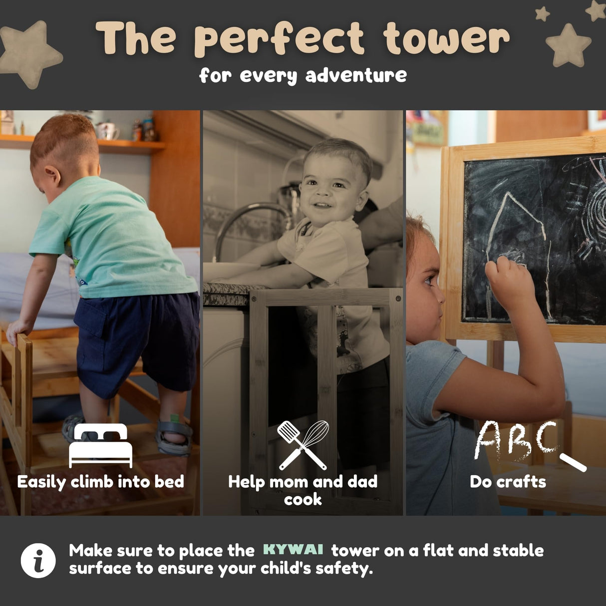 KYWAI® Toddler Tower with Chalkboard &Height Adjustable - Toddler Standing Tower - Toddler Kitchen Stool Helper - Kitchen Step Stool for Toddlers - Toddler Stool for Kitchen - Toddler Step Stool KYWAI