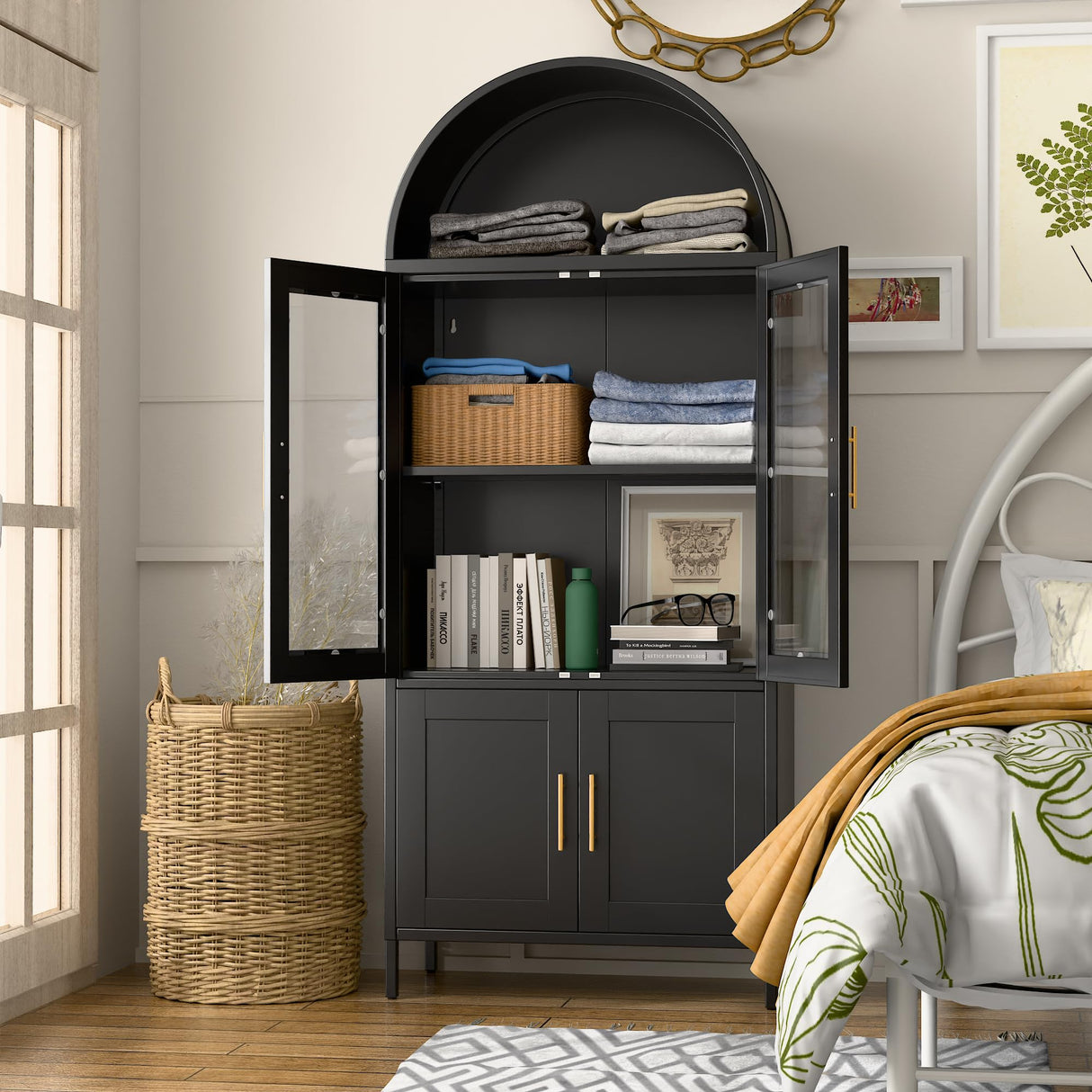 JAORD Metal Arched Cabinet, 73'' Arched Kitchen Pantry Storage Cabinet with Doors/Shelves, Black Arched Bookcase Display Cabinet for Home Office Bar Living Room, Assemble Require JAORD