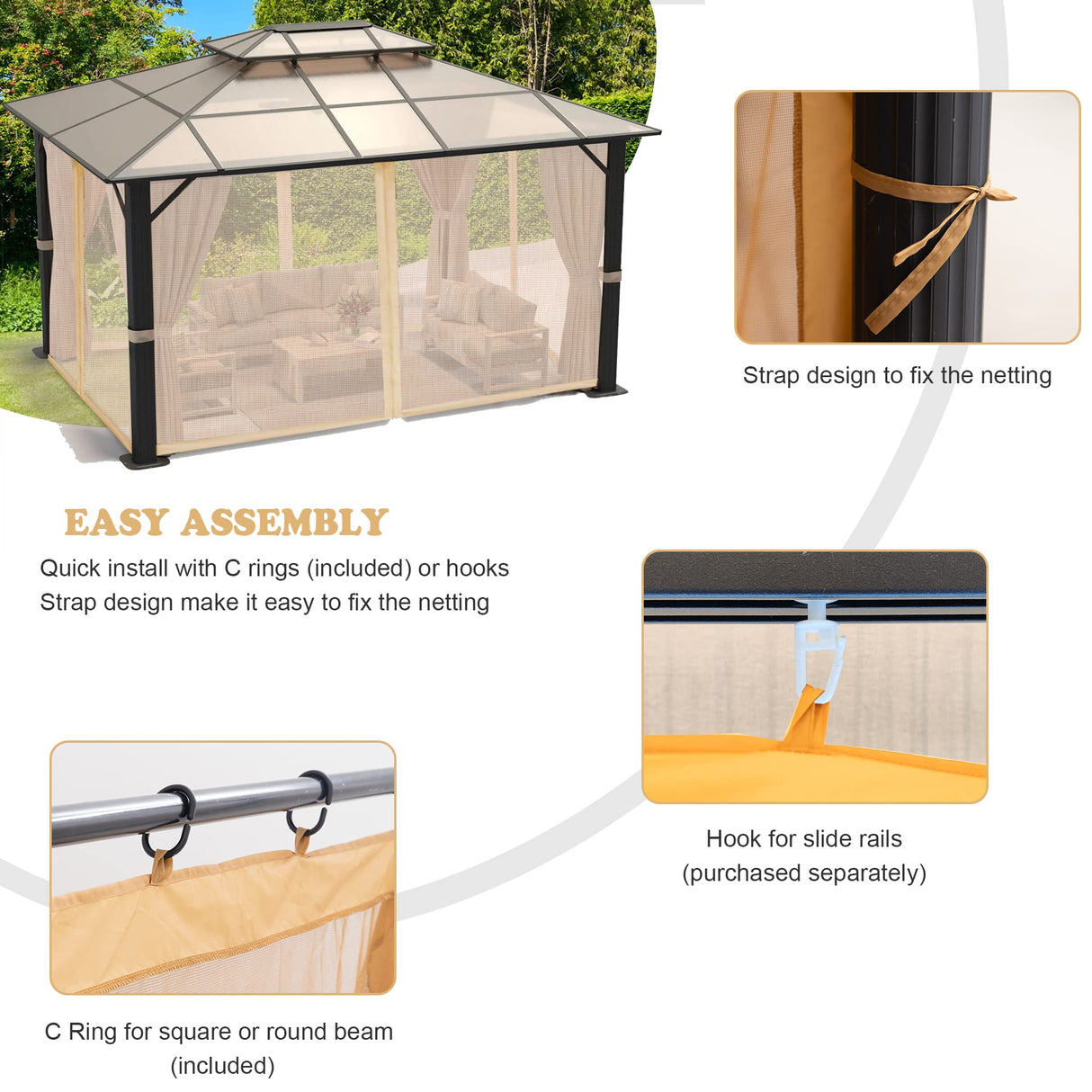 Coverify Replacement Gazebo Mosquito Netting 10x10FT, Universal Outdoor Pergola 4-Panel Patio Screen Walls with Zipper (Mosquito Netting ONLY, Brown) Coverify