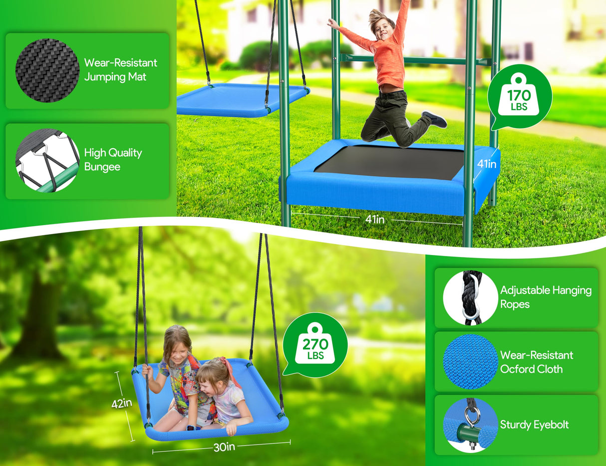 Vibemo Swing Sets for Backyard, 5-in-1 Outdoor Swing Set, 660 lbs Heavy Duty Extra Large Metal Kids Swing Sets with Trampoline, Platform Swing, 2 Swings and Basketball Hoop Vibemo