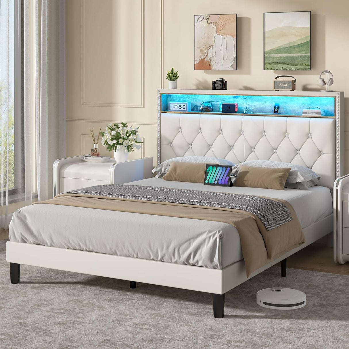 HOMBCK Full Size Bed Frame with LED Lights, Velvet Upholstered Bed with Charging Station and Storage Headboard, Modern Bed Frame with Diamond Design, No Box Spring Needed, Easy Assembly, White HOMBCK