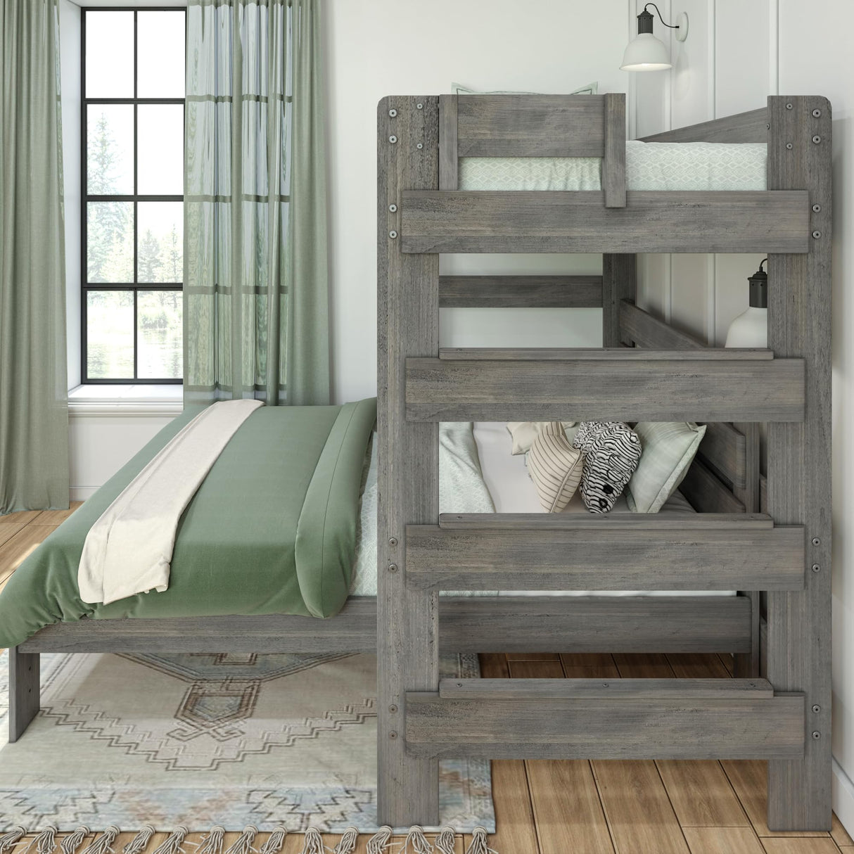 Max & Lily Modern Farmhouse Bunk Bed, L Shape Twin-Over-Queen Bed Frame For Kids, Driftwood Max & Lily