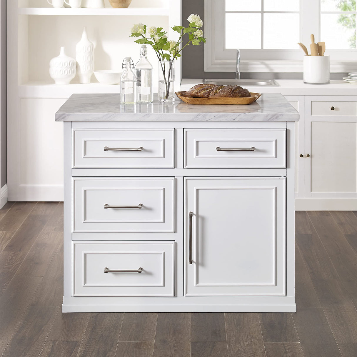 Crosley Furniture Cutler Faux Marble Top Kitchen Island with Storage, Breakfast Bar, Microwave Stand, White Crosley Furniture