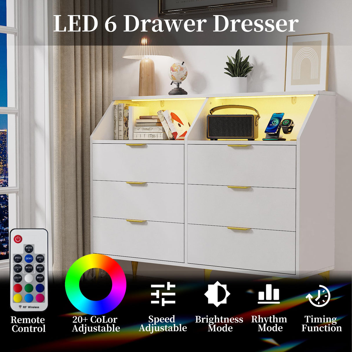 LOUVIXA 6 Drawer Dresser with LED Light, Chest of Drawers with Charging Station, Large Double Dressers, Wooden Dressers for Bedroom, Living Room, Entryway, Hallway (White) LOUVIXA