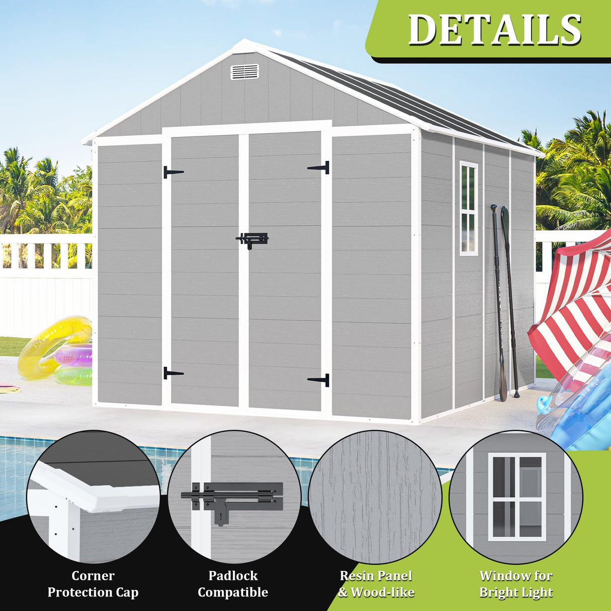 Outdoor Storage Shed 8x8 FT, Resin Shed with Floor & Window, Lockable Door, Vents, Outside Sheds & Garden Shed for Patio Furniture, Gardening Tools, Pool Equipment (Grey, 8 * 8ft) OUEEEDD