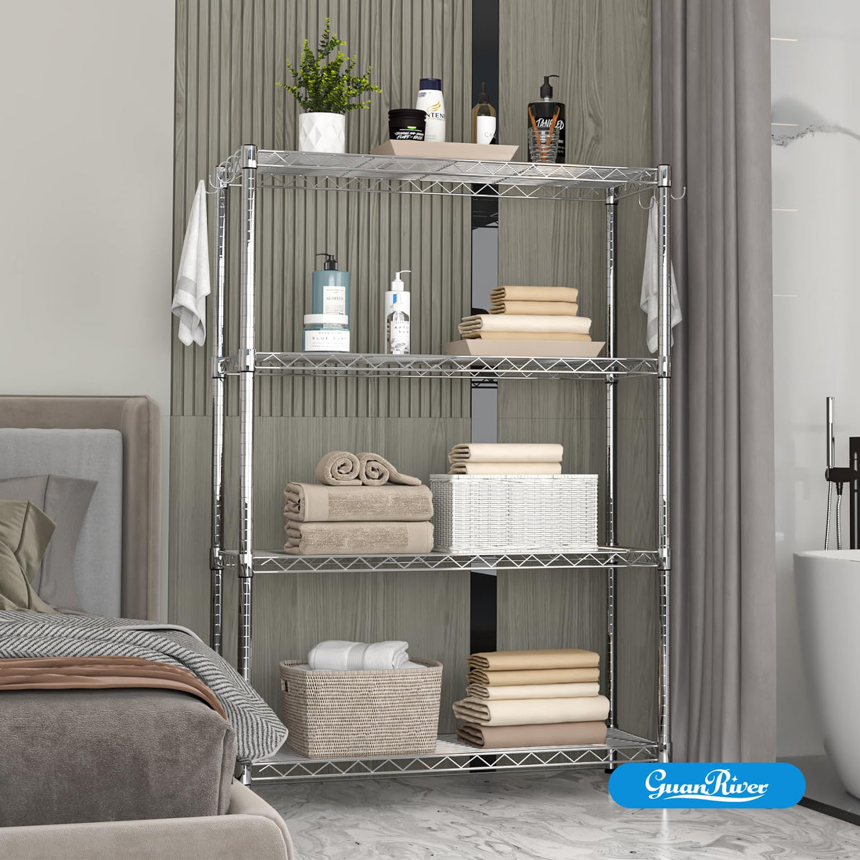 Guan River 4-Shelf Adjustable Metal Shelf Wire Shelving Unit Storage Rack Display Shelf for Office,Kitchen,Bedroom,Bathroom,Laundry,Pantry Basement,Garage(Chrome,36" L x 14" W x 54" H) Guan River