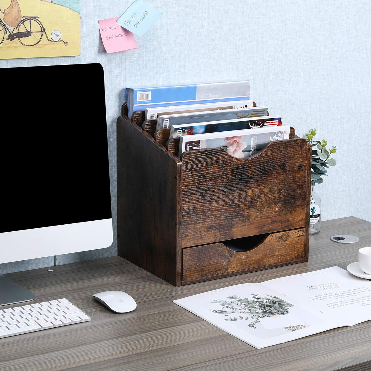 PAG Wood Desktop File Holder Organizer Mail Sorter with Drawer, for File Folders, Mails, Envelopes, Mailing Supplies or Magazines, 6 Compartments, Antique Brown PAG