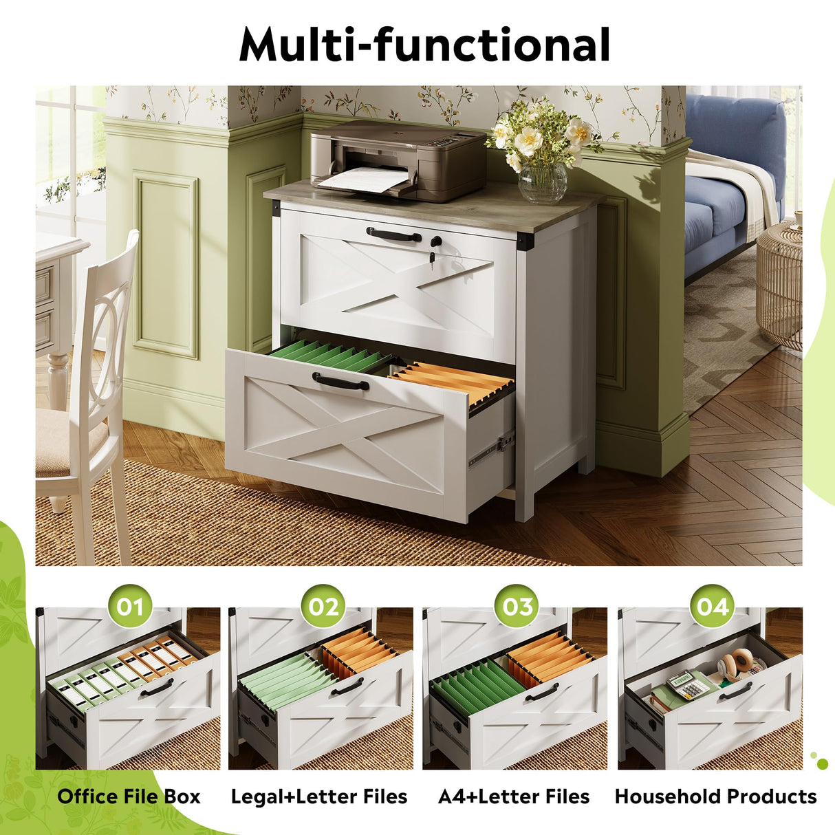 DEVAISE 2 Drawer Farmhouse File Cabinet with Lock, Leteral Filing Cabinet for Letter/Legal/A4 Size, Wood Storage Cabinet for Home Office, White DEVAISE