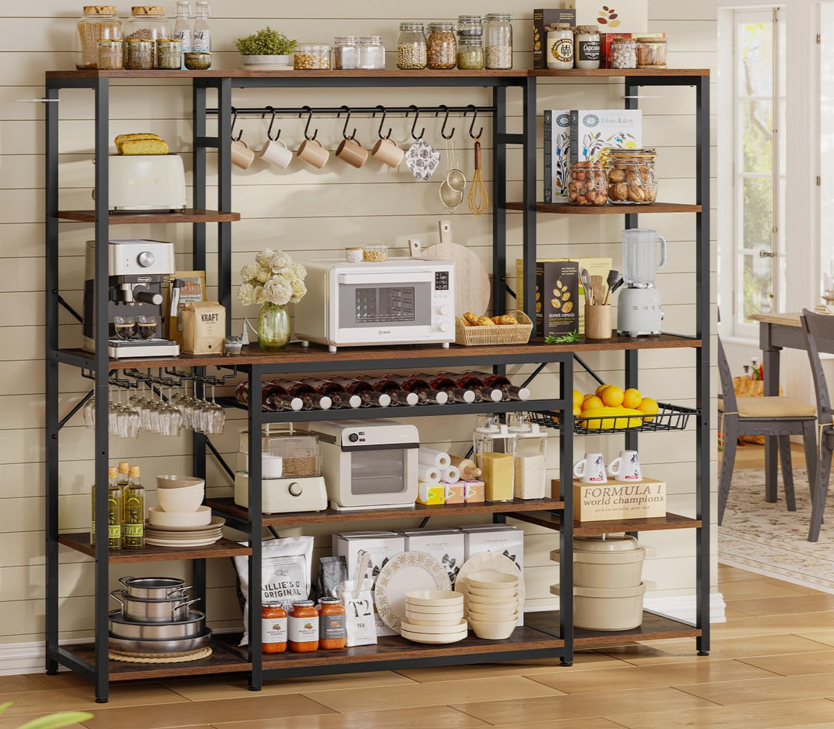 UPOSOJA Large Bakers Rack with Power Outlet, 62.4in Wide Kitchen Microwave Stand with Storage Shelves, 5-Tier Coffee Bar, Wine Rack, Goblet Holder, 8 Hooks, Wire Basket(Rustic Brown, Large) UPOSOJA