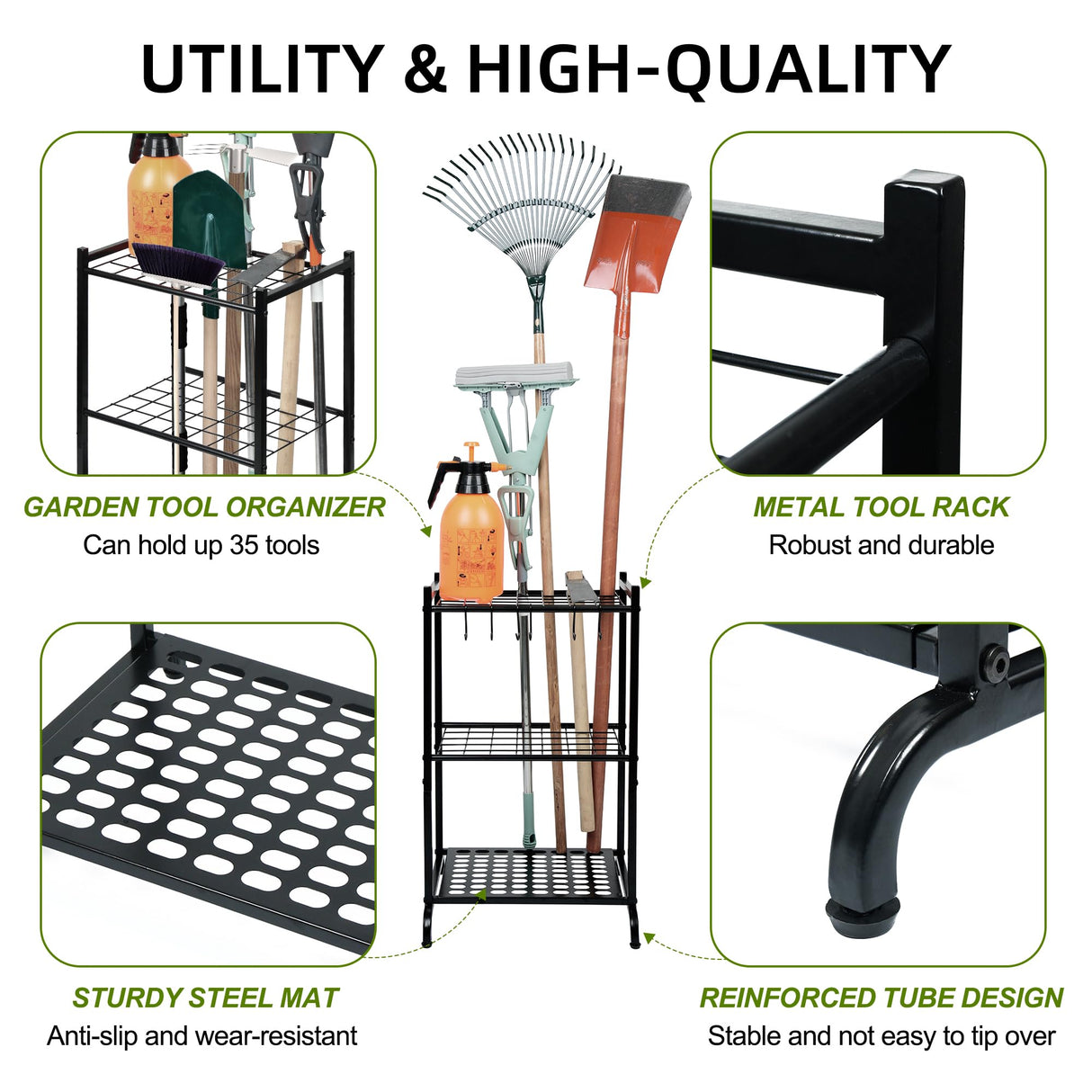 RANXFLOAT Garden Tool Organizer with Storage Hooks, Yard Tool Tower Rack for Garage Organization and Storage, Up to 35 Long-Handled Tools, Metal Tool Holder with 6 Hooks, Black RANXFLOAT