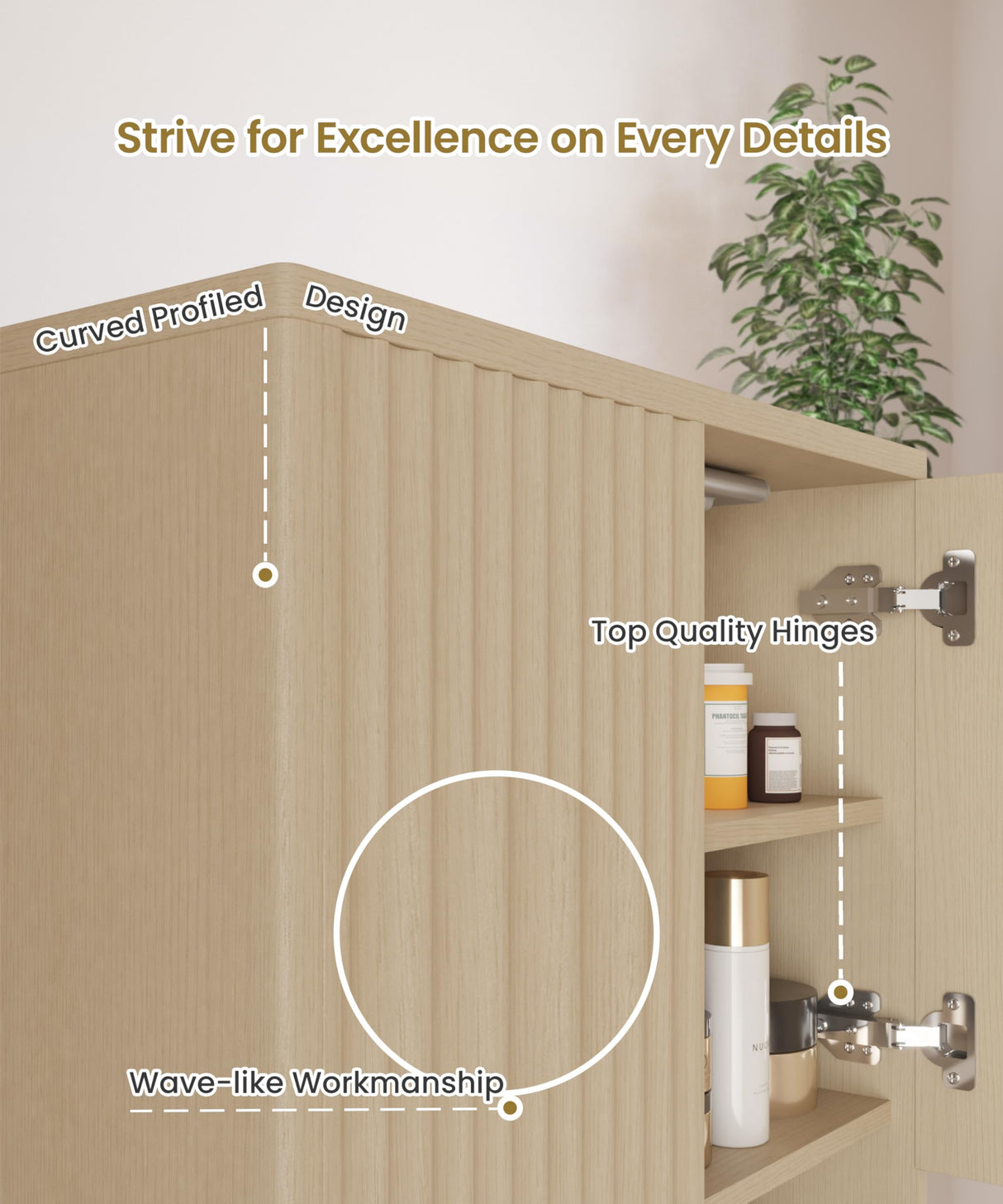 HAIOOU Fluted Bathroom Wall Cabinet with Motion Sensor Light, Curved Profile Wooden Medicine Cabinet Wall Mounted Cupboard, Wave Like Over Toilet Storage Cabinet with Buffering Hinges - Natural HAIOOU