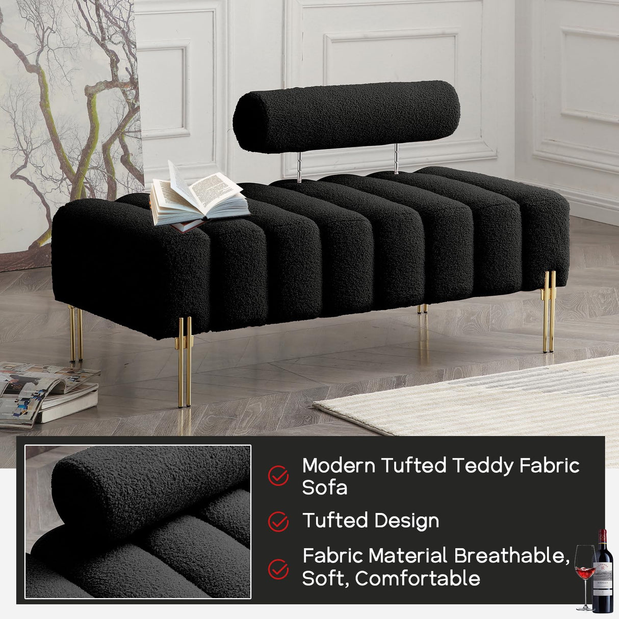 NIOIIKIT 53.2" Modern Loveseat Sofa Couch, Upholstered Accent Sofa with Golden Legs and Adjustable Backrest, Small Teddy Fleece Couches for Bedroom, Living Room, Compact Small Space (Black) NIOIIKIT