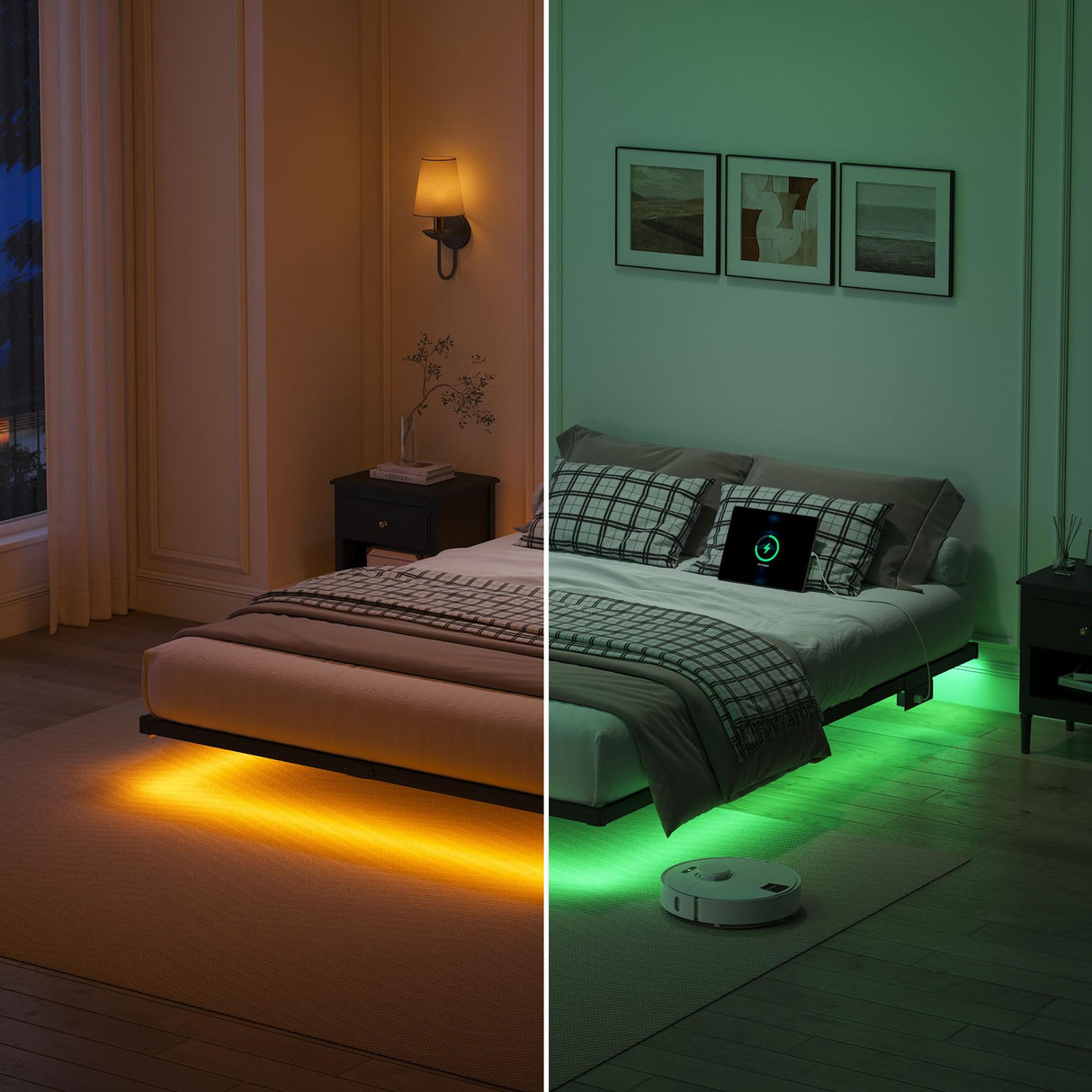 YORMDMO Floating Bed Frame Queen Size, Heavy Duty Bedframe with Smart LED Lights & Charging Station, Modern Metal Platform Bed, Easy Assembly No Box Spring Needed, 8 Inch YORMDMO