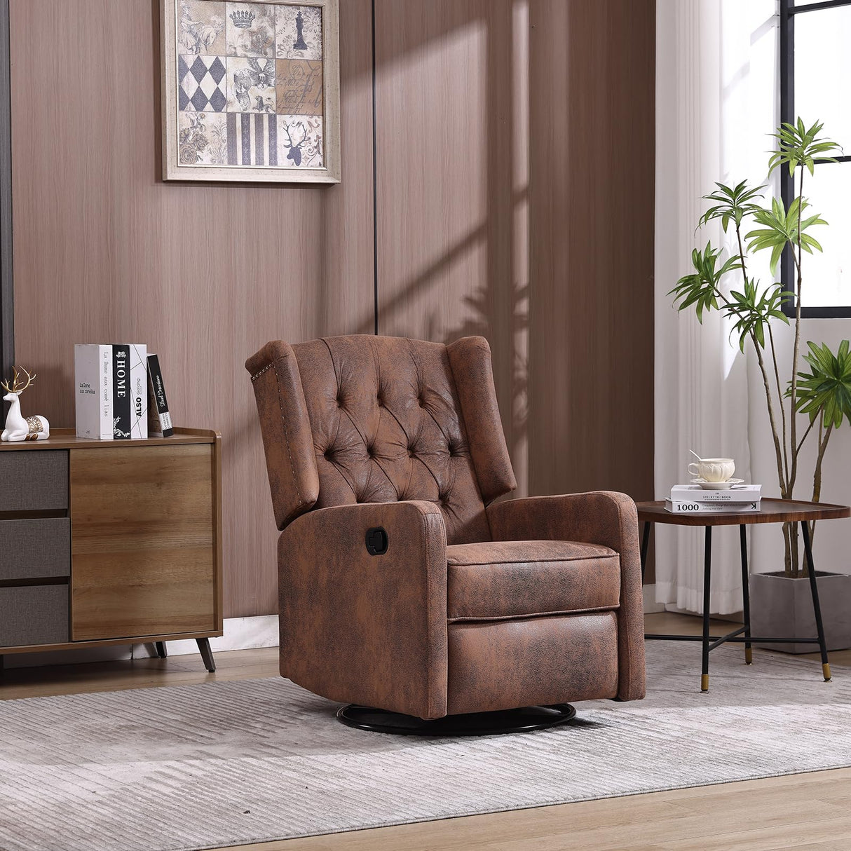 Swivel Rocking Recliner Nursery Chair, Modern Glider Chair with Foot Rest Upholstered Nursery Glider Rocker Comfy Accent Chair Tufted Wingback Lounge Arm Chair for Living Room, Bedroom, Coffee SmartDer