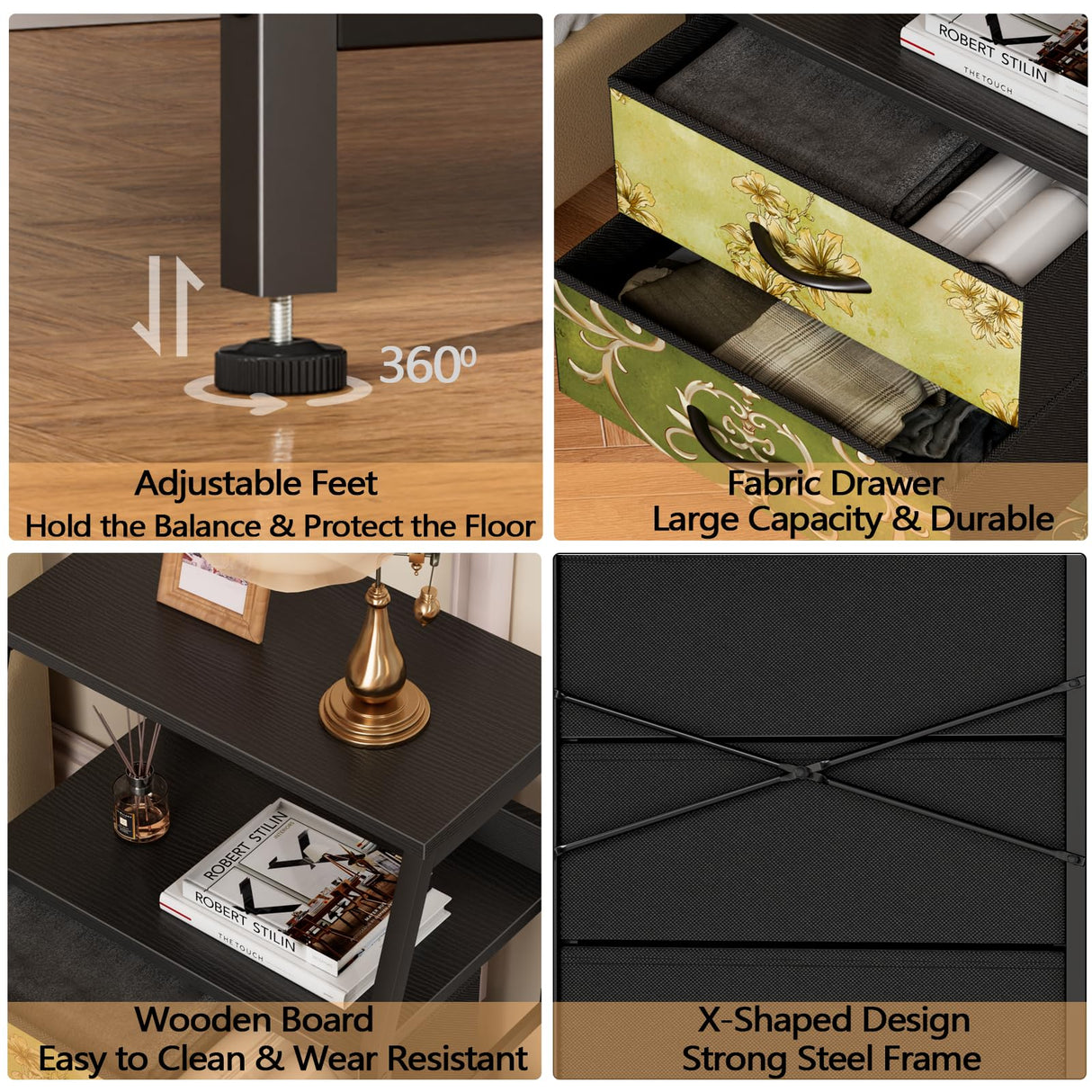 Furnulem Retro 5 Drawers Dresser, Tall Dressers for Bedroom, Closet, Hallway, Nursery, Fabric Storage Tower Organizer, Vertical Nightstand Side Table Furniture, Steel Frame, Wood Top Furnulem