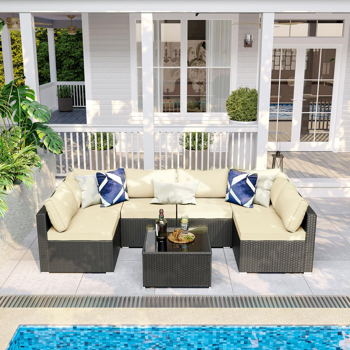 ELEGIBLISS 7 Pieces Patio Furniture Set - Outdoor Sectional Wicker Rattan Furniture with Cushion and Glass Table Patio Conversation Sets for Porch Poolside Backyard Outdoor Sofa Set Modular Sofa ELEGIBLISS