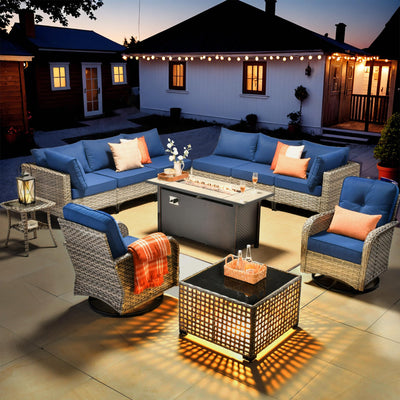 HOOOWOOO Outdoor Patio Furniture Set with Fire Pit Table,11 Pieces Wicker Out Door Sectional Furniture L Shaped Couch,Outside Patio Conversation Sets Swivel Chair,Navy Blue
