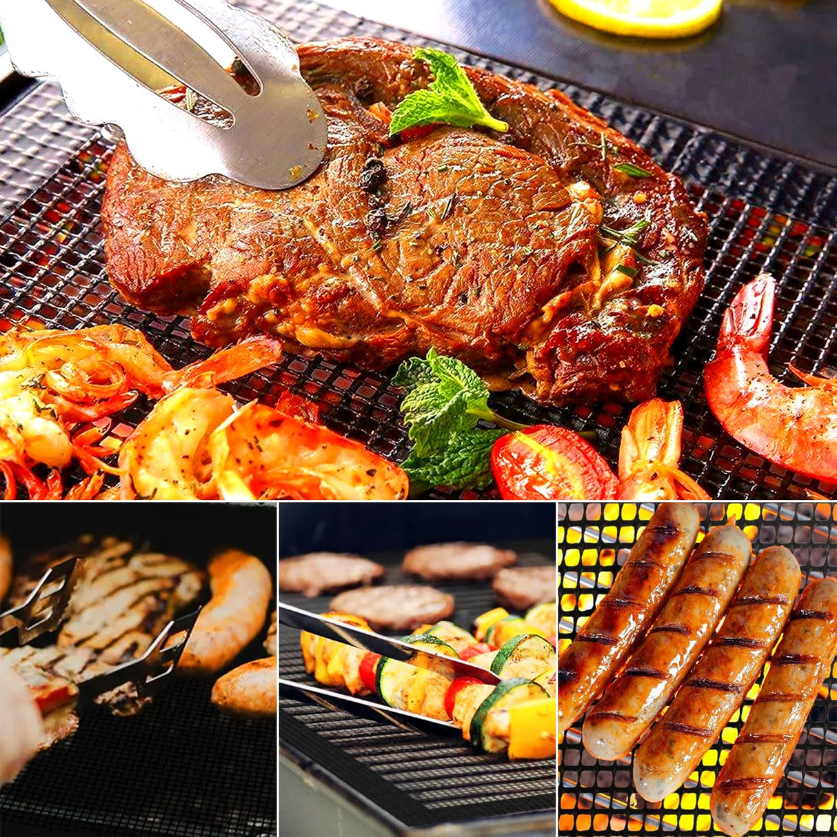 TingeVer - Set of 5 Non Stick BBQ Grill Mesh, Heavy Duty, Mesh Grill Mat + Tong + Code QR with 30 Recipes, Easy to Clean, Works on Gas, Charcoal, Electric Grill TingeVer