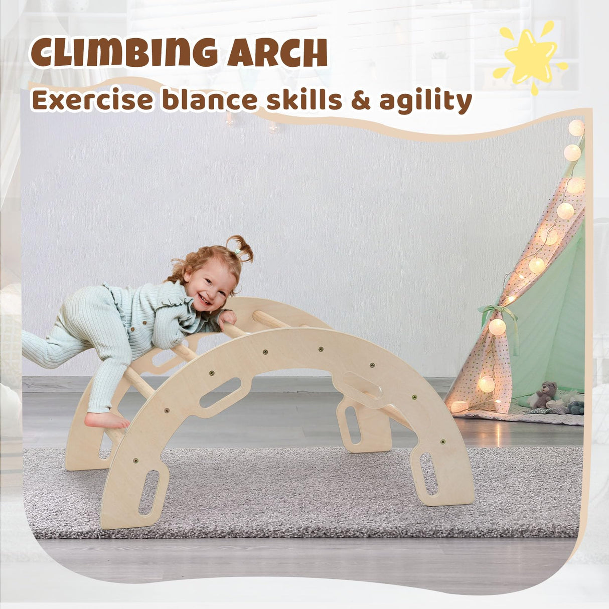COSYLAND Kids Climber Arch Rocker with Cushion,Wooden Indoor Pikler Climbing Toys for Toddler with 4 Handrails On Each Side,Paintless Indoor Playground Arch Climbing Ladder (Natural) COSYLAND