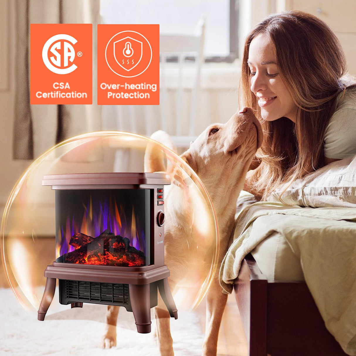 18“ Panoramic Window 1500W/1650W Electric Wood Stove Fireplace with Flame Effect, 4 in 1 Freestanding Indoor Space Heater. 3S of Rapid Heat. Fully Curved 3D Panoramic Flame Effect,Red Brown SheerAIRE