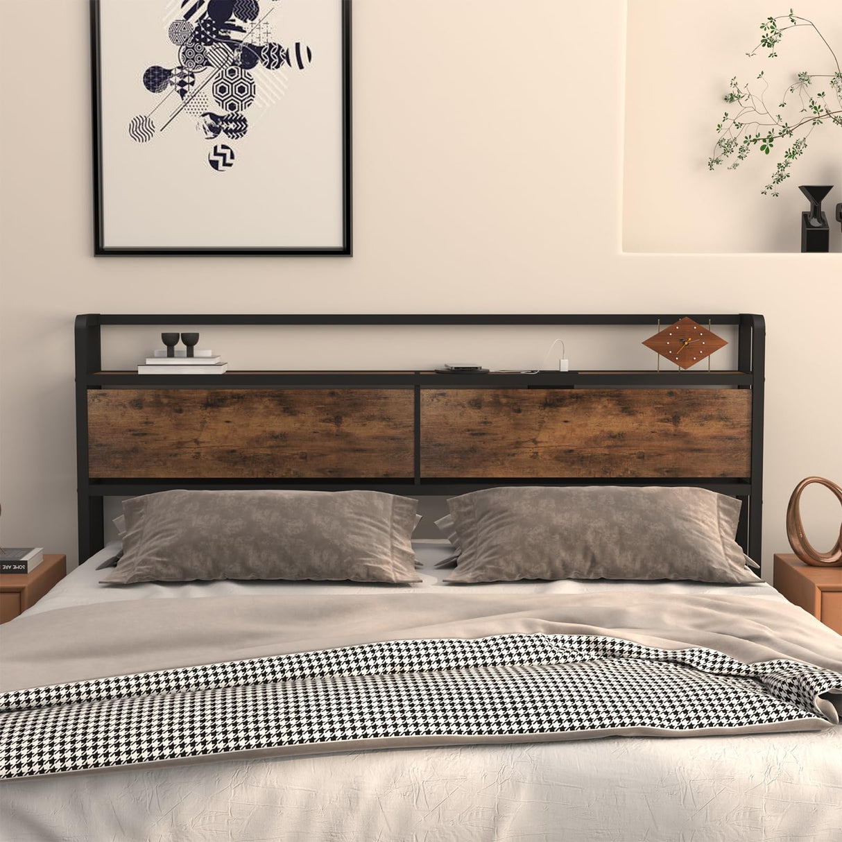 Curotunk Retro LED Queen Size Headboard with Storage and USB Charging Curotunk