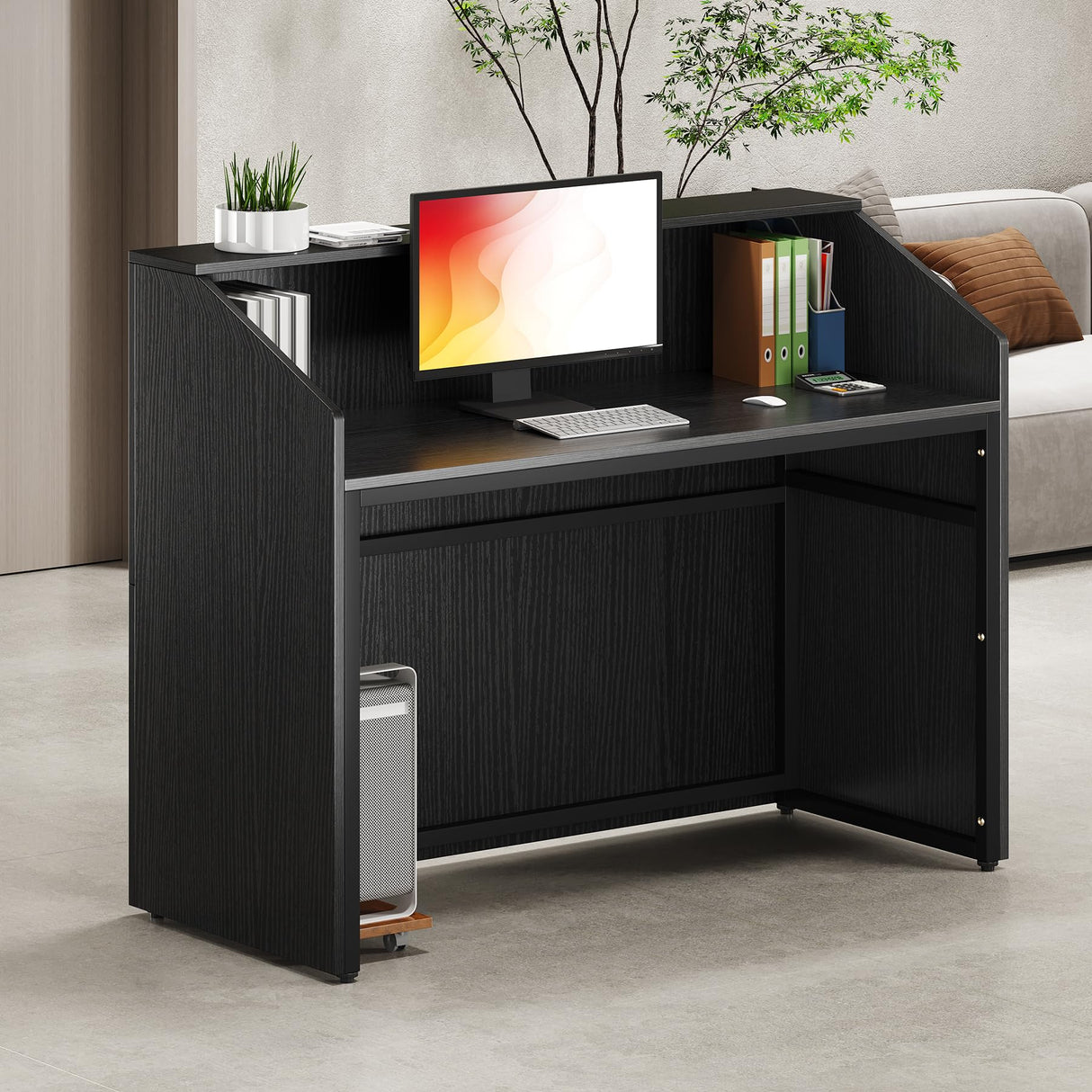 LITTLE TREE 47-Inch Reception Desk with Counter, Black Front Desk Reception Room Table, Retail Counter for Checkout, Modern Welcome Desk for Lobby, Office, Beauty Salon LITTLE TREE