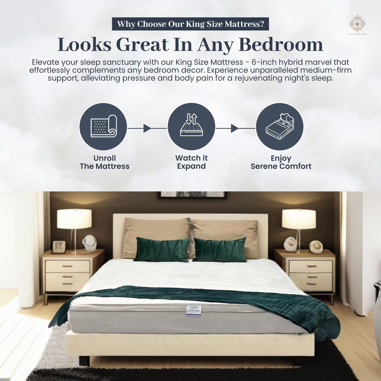 King Size Mattress - 6 Inch Cool Comfort Foam & Spring Hybrid Mattress with Breathable Organic Cotton Cover - Quilted Soft Tight Top - Rolled in a Box - Oliver & Smith OLIVER & SMITH SINCE 1921