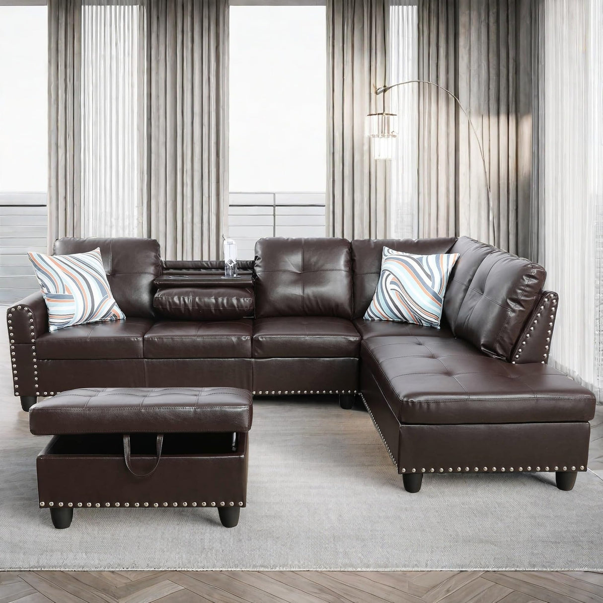 GlasFlength L Shaped Sectional Couch with Ottoman, Modern Leather Modular Sectional Sofa with Cup Holder, Nail-Head Design L Shaped Couch for Living Room, Bedroom, Brown GlasFlength