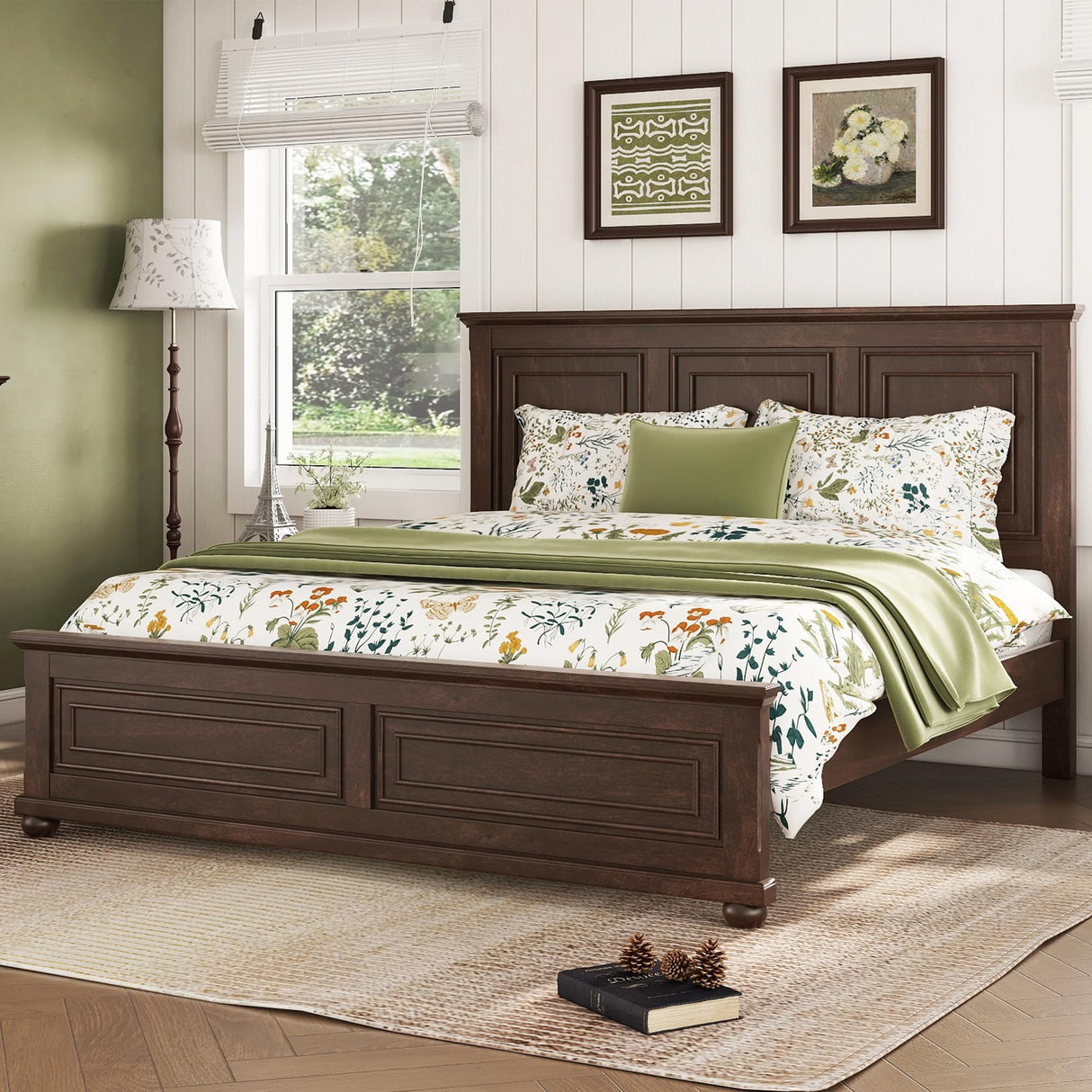 Mirightone Wood King Bed Frame with Tall Headboard and Footboard, Rustic King Panel Bed with Under Bed Storage, Farmhouse Style, Noise-Free, No Box Spring Needed, Antique Brown Mirightone