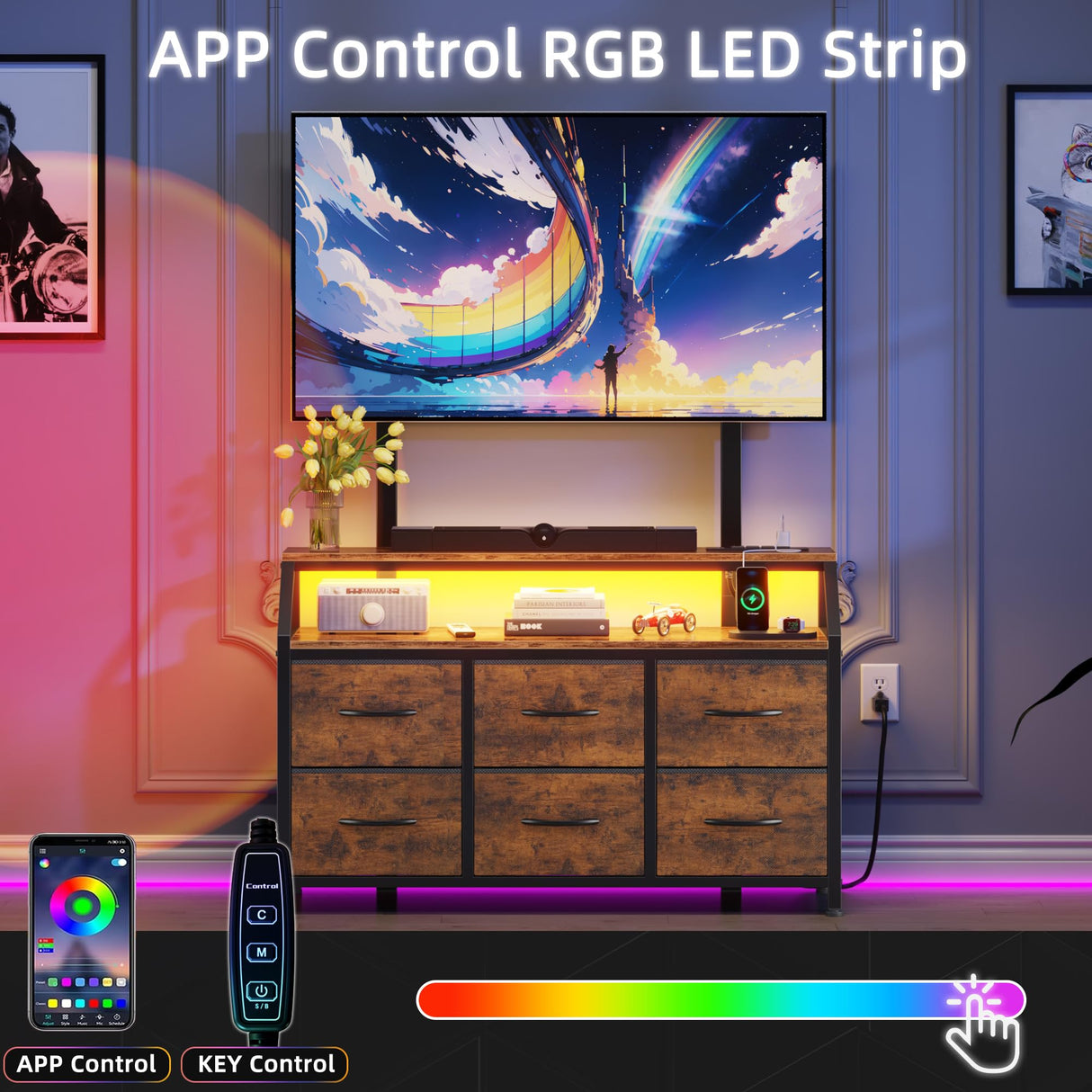 GYIIYUO LED TV Stand with Mount and Power Outlet & 6 Fabric Drawers for 32-75 Inches TV - Entertainment Center and Industrial TV Dresser Console Table for Living Room, Bedroom- 47" Rustic Brown GYIIYUO