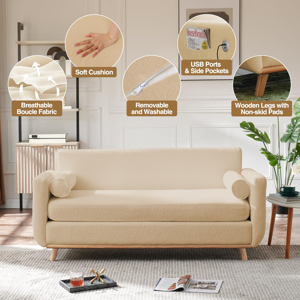 63" W Loveseat Sofa,Beige Boucle Couch with LED Lights and USB Ports Modern Fluffy Love Seat Couches 2 Seater Comfy All-Wood Washable Covers Sofa Furniture for Bedroom Living Room Small Space Office FiveWillowise